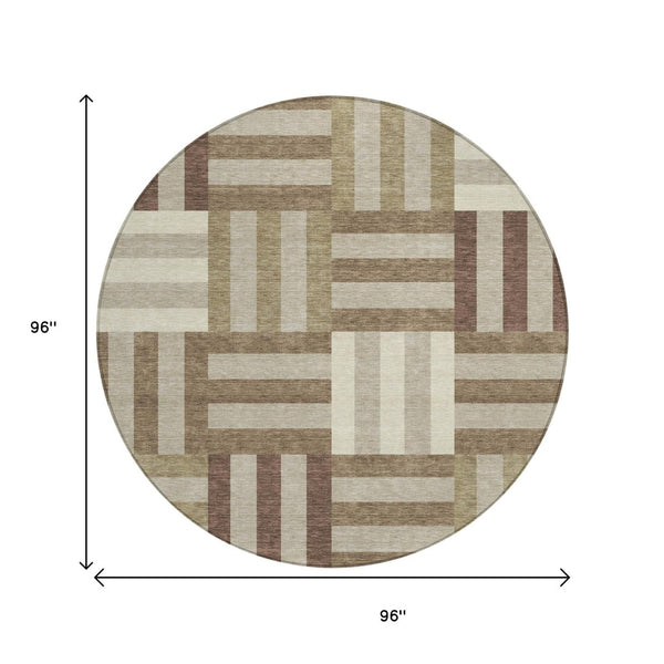 HomeRoots 8' Round Geometric Area Rug in Brown, Beige, and Ivory – Durable, Washable, Indoor/Outdoor Style! 659756