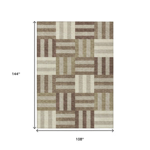 HomeRoots 9' X 12' Stylish Brown Beige Ivory Geometric Rug - Washable, Durable, Perfect for Indoor & Outdoor Use! 659758