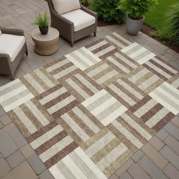 HomeRoots 10' Stylish Washable Geometric Area Rug in Brown, Beige & Ivory for Indoor & Outdoor Spaces - Durable! 659759