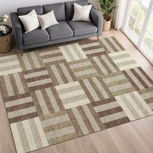HomeRoots 10' Stylish Washable Geometric Area Rug in Brown, Beige & Ivory for Indoor & Outdoor Spaces - Durable! 659759