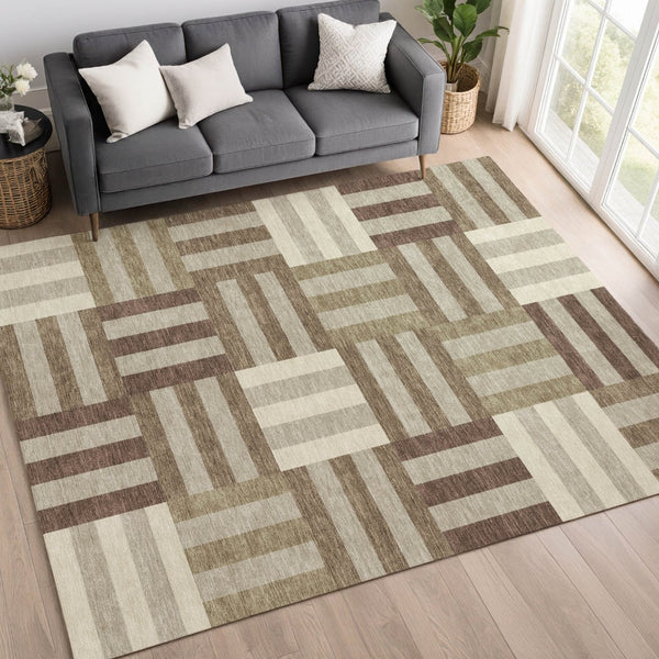 HomeRoots 10' Stylish Washable Geometric Area Rug in Brown, Beige & Ivory for Indoor & Outdoor Spaces - Durable! 659759