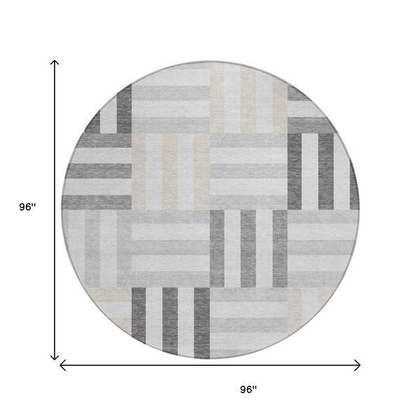 HomeRoots 8' Stylish Gray and Ivory Round Geometric Rug - Washable, Durable, Indoor/Outdoor for Modern Spaces 659762