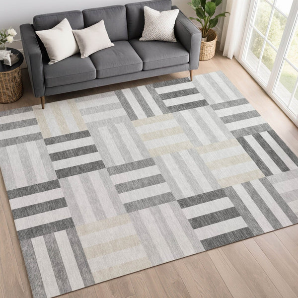 HomeRoots 10' Gray and Ivory Geometric Washable Area Rug - Modern Indoor/Outdoor Design for Stylish Spaces 659765