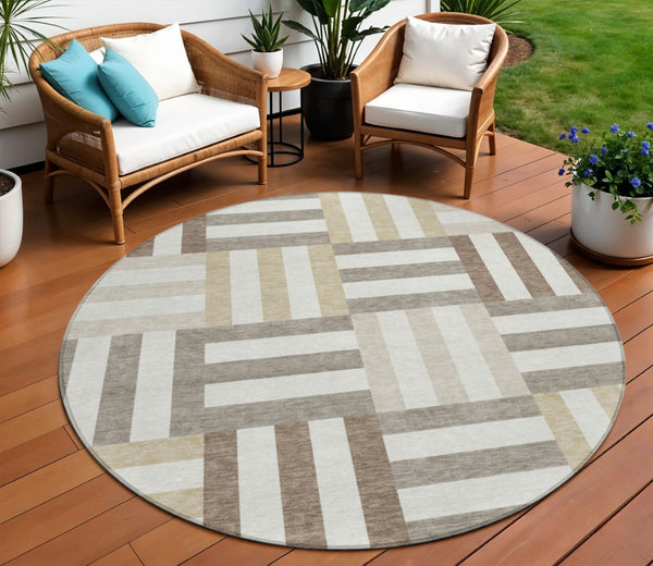 HomeRoots 8' Modern Geometric Round Area Rug in Ivory, Gray & Brown - Durable & Washable for Indoor/Outdoor Use 659768