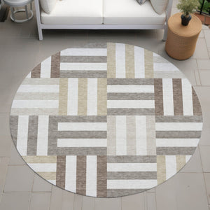 HomeRoots 8' Modern Geometric Round Area Rug in Ivory, Gray & Brown - Durable & Washable for Indoor/Outdoor Use 659768