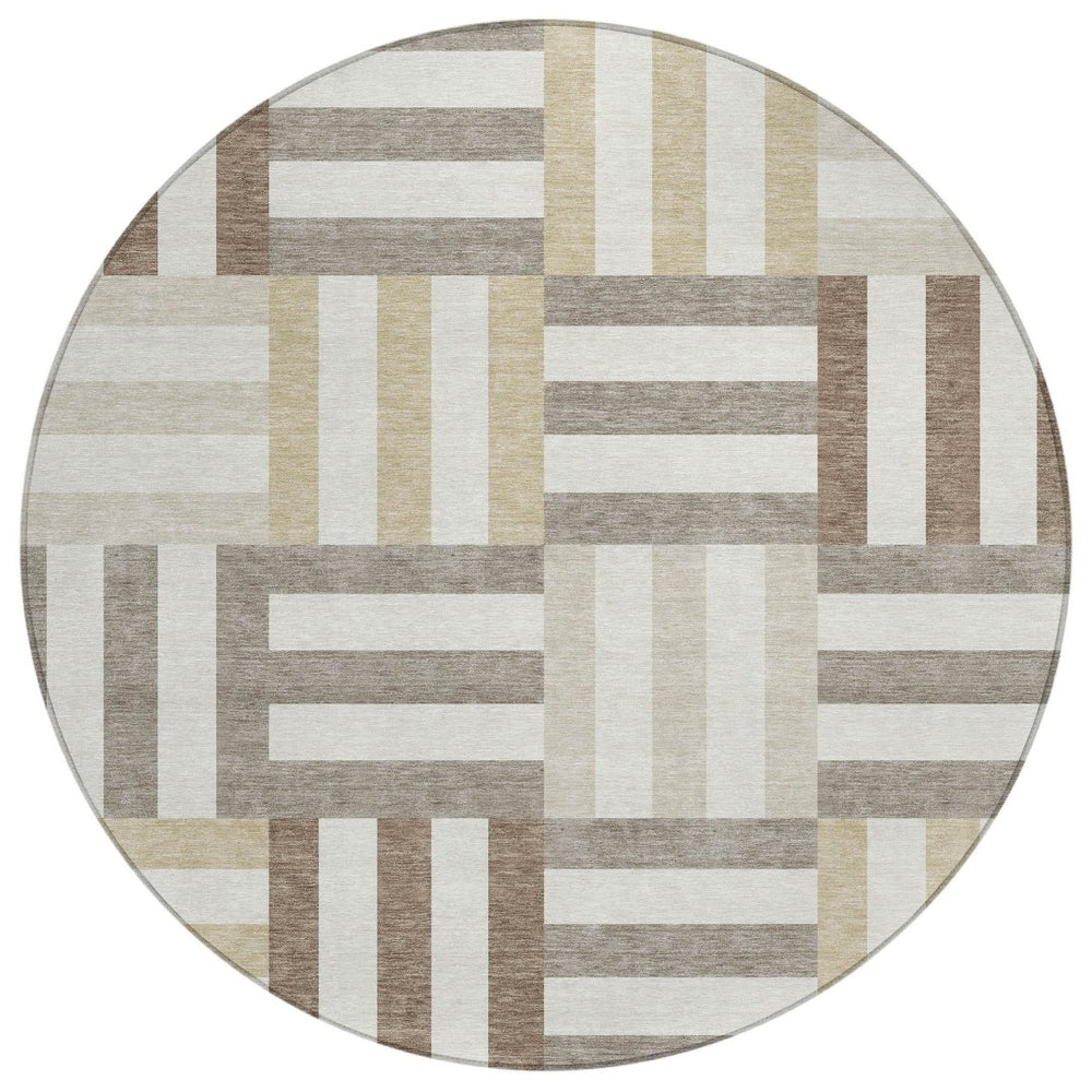 HomeRoots 8' Modern Geometric Round Area Rug in Ivory, Gray & Brown - Durable & Washable for Indoor/Outdoor Use 659768