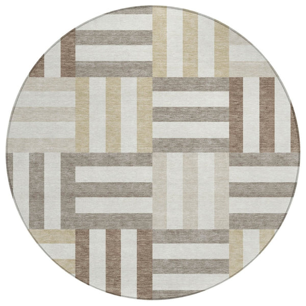 HomeRoots 8' Modern Geometric Round Area Rug in Ivory, Gray & Brown - Durable & Washable for Indoor/Outdoor Use 659768