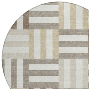 HomeRoots 8' Modern Geometric Round Area Rug in Ivory, Gray & Brown - Durable & Washable for Indoor/Outdoor Use 659768