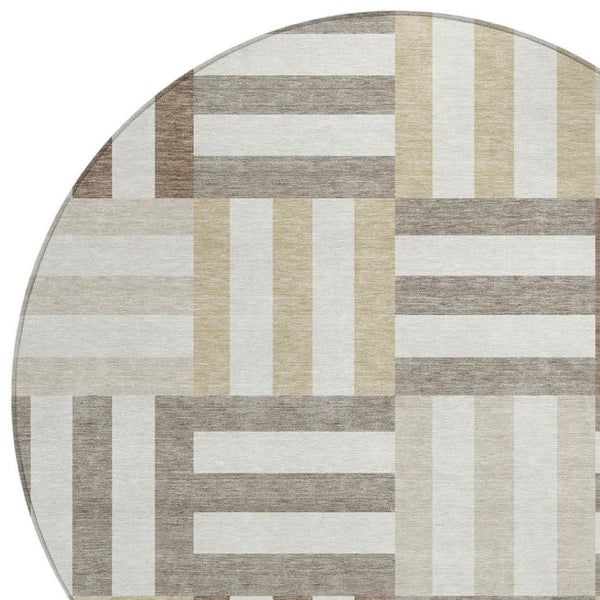 HomeRoots 8' Modern Geometric Round Area Rug in Ivory, Gray & Brown - Durable & Washable for Indoor/Outdoor Use 659768