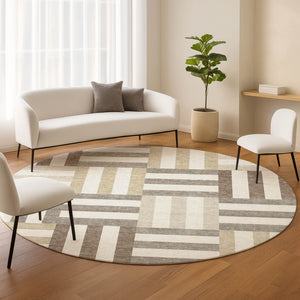 HomeRoots 8' Modern Geometric Round Area Rug in Ivory, Gray & Brown - Durable & Washable for Indoor/Outdoor Use 659768
