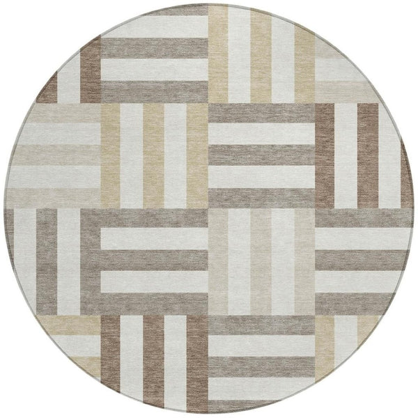 HomeRoots 8' Modern Geometric Round Area Rug in Ivory, Gray & Brown - Durable & Washable for Indoor/Outdoor Use 659768