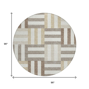 HomeRoots 8' Modern Geometric Round Area Rug in Ivory, Gray & Brown - Durable & Washable for Indoor/Outdoor Use 659768