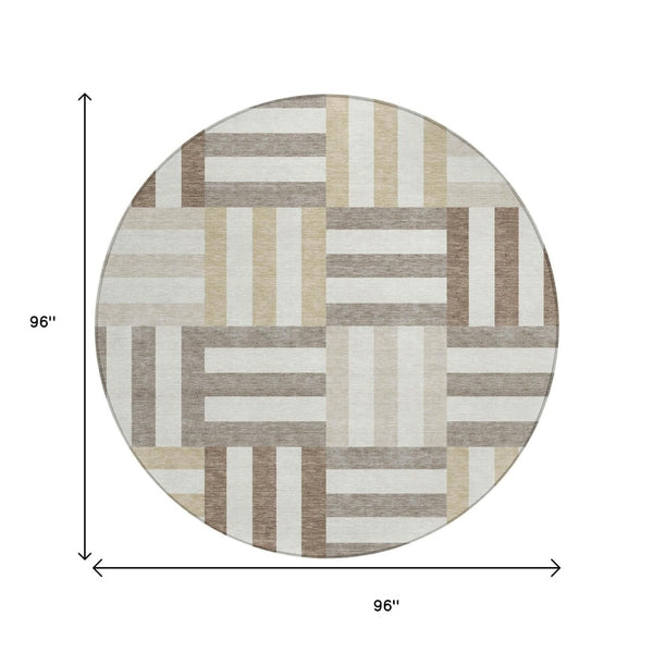 HomeRoots 8' Modern Geometric Round Area Rug in Ivory, Gray & Brown - Durable & Washable for Indoor/Outdoor Use 659768