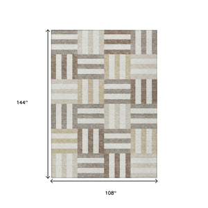 HomeRoots 9' X 12' Modern Geometric Area Rug - Ivory, Gray & Brown, Durable for Indoor/Outdoor, Machine Washable 659770