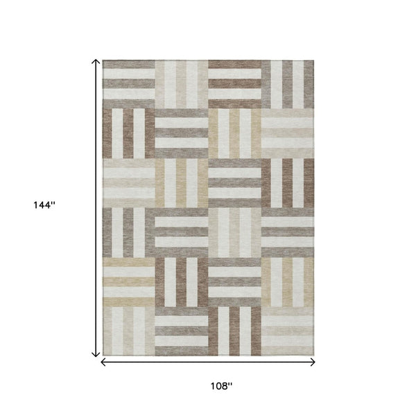 HomeRoots 9' X 12' Modern Geometric Area Rug - Ivory, Gray & Brown, Durable for Indoor/Outdoor, Machine Washable 659770