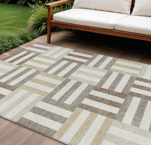 HomeRoots 9' X 12' Modern Geometric Area Rug - Ivory, Gray & Brown, Durable for Indoor/Outdoor, Machine Washable 659770