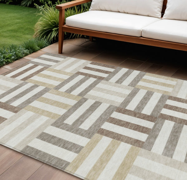 HomeRoots 9' X 12' Modern Geometric Area Rug - Ivory, Gray & Brown, Durable for Indoor/Outdoor, Machine Washable 659770