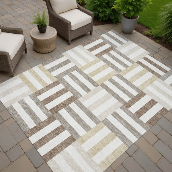 HomeRoots 9' X 12' Modern Geometric Area Rug - Ivory, Gray & Brown, Durable for Indoor/Outdoor, Machine Washable 659770
