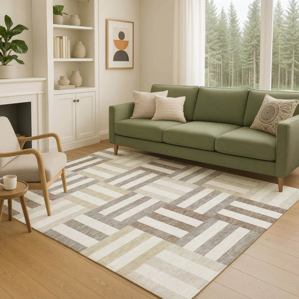 HomeRoots 9' X 12' Modern Geometric Area Rug - Ivory, Gray & Brown, Durable for Indoor/Outdoor, Machine Washable 659770