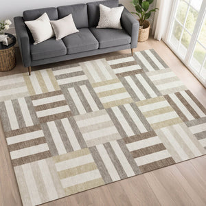 HomeRoots 9' X 12' Modern Geometric Area Rug - Ivory, Gray & Brown, Durable for Indoor/Outdoor, Machine Washable 659770