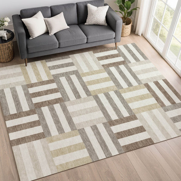 HomeRoots 9' X 12' Modern Geometric Area Rug - Ivory, Gray & Brown, Durable for Indoor/Outdoor, Machine Washable 659770