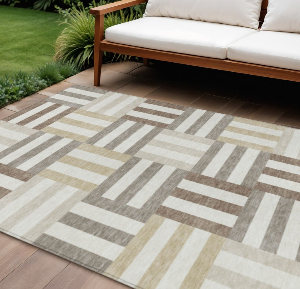 HomeRoots 10' X 14' Ivory Gray Brown Geometric Washable Rug – Durable, Stylish for Indoor & Outdoor Spaces! 659771