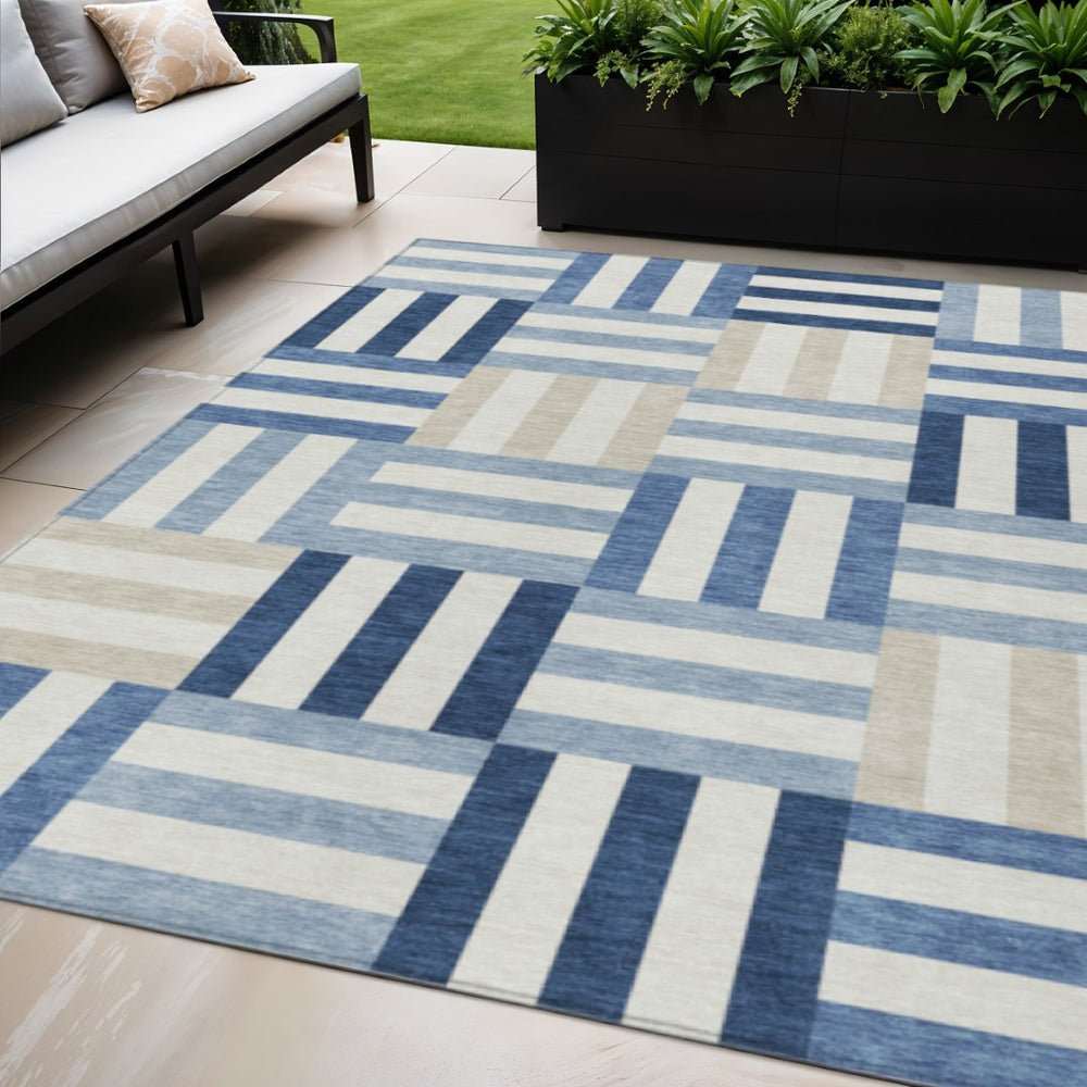 HomeRoots 5' X 8' Geometric Navy Blue Ivory Khaki Area Rug - Washable, Durable, Indoor/Outdoor Versatility! 659773