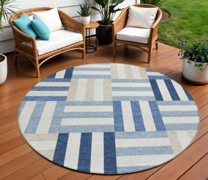 HomeRoots 8' Navy Blue, Ivory & Khaki Geometric Washable Area Rug – Stylish, Durable for Indoor & Outdoor Use! 659774