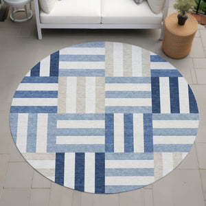 HomeRoots 8' Navy Blue, Ivory & Khaki Geometric Washable Area Rug – Stylish, Durable for Indoor & Outdoor Use! 659774