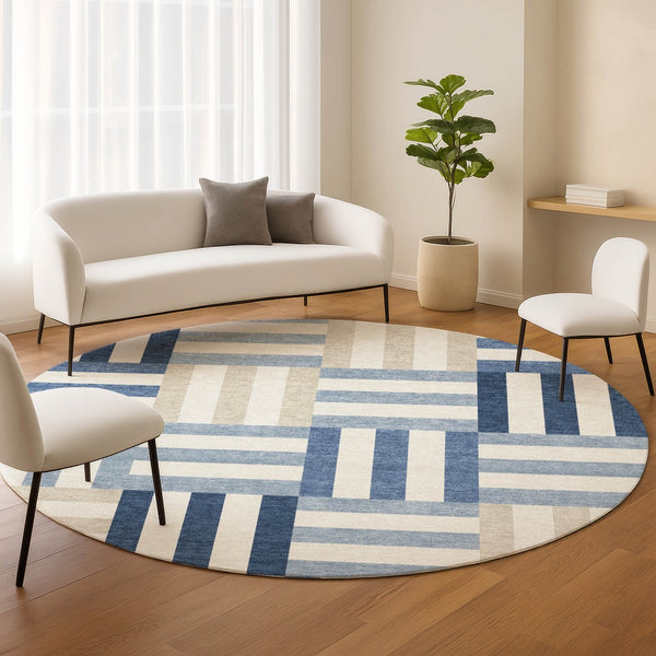HomeRoots 8' Navy Blue, Ivory & Khaki Geometric Washable Area Rug – Stylish, Durable for Indoor & Outdoor Use! 659774