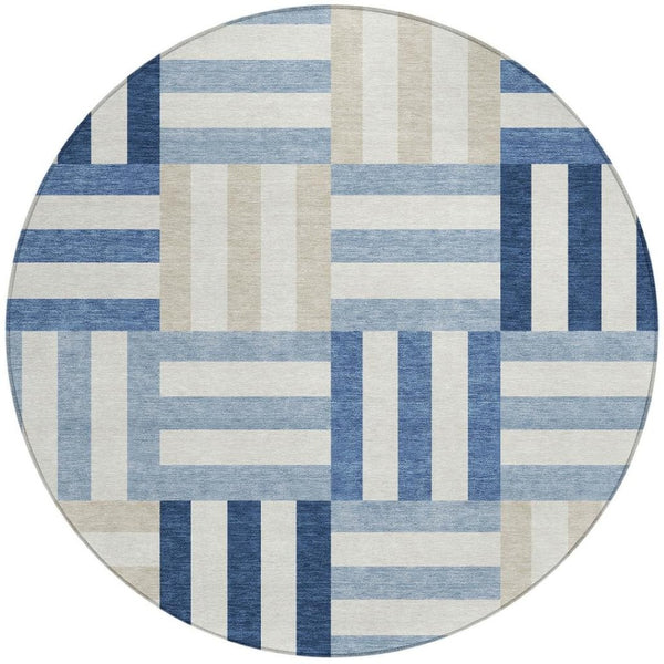 HomeRoots 8' Navy Blue, Ivory & Khaki Geometric Washable Area Rug – Stylish, Durable for Indoor & Outdoor Use! 659774