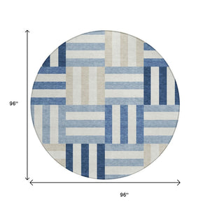 HomeRoots 8' Navy Blue, Ivory & Khaki Geometric Washable Area Rug – Stylish, Durable for Indoor & Outdoor Use! 659774