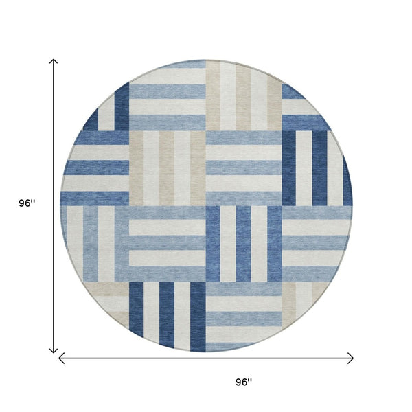HomeRoots 8' Navy Blue, Ivory & Khaki Geometric Washable Area Rug – Stylish, Durable for Indoor & Outdoor Use! 659774