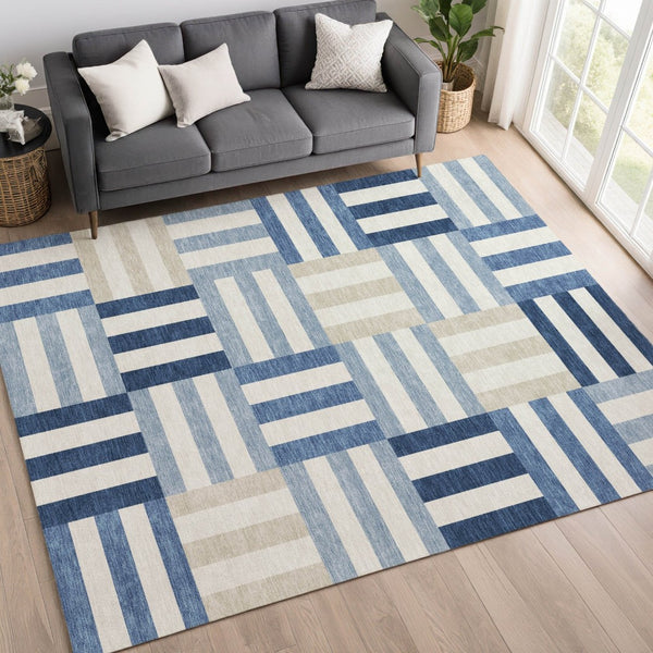 HomeRoots 8' X 10' Stylish Navy Blue, Ivory & Khaki Geometric Indoor/Outdoor Area Rug - Durable & Washable! 659775