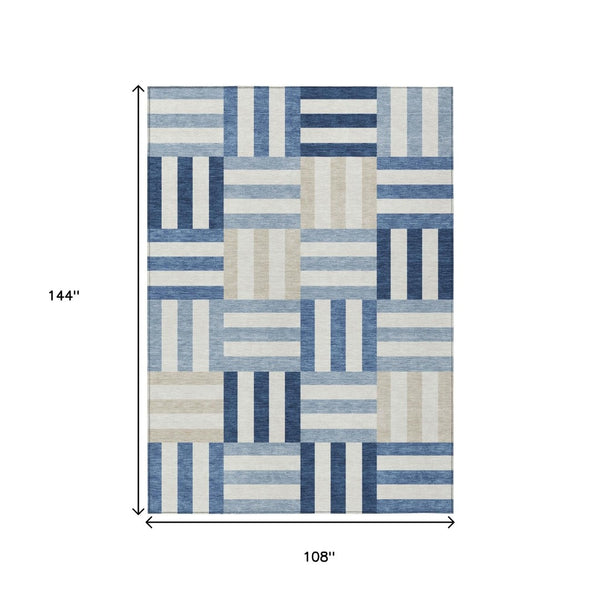 HomeRoots 9' Navy Blue, Ivory & Khaki Geometric Area Rug – Durable, Washable Indoor/Outdoor Decor for Any Space 659776