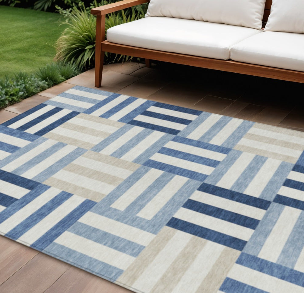 HomeRoots 9' Navy Blue, Ivory & Khaki Geometric Area Rug – Durable, Washable Indoor/Outdoor Decor for Any Space 659776
