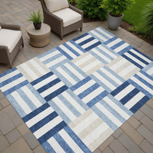 HomeRoots 9' Navy Blue, Ivory & Khaki Geometric Area Rug – Durable, Washable Indoor/Outdoor Decor for Any Space 659776