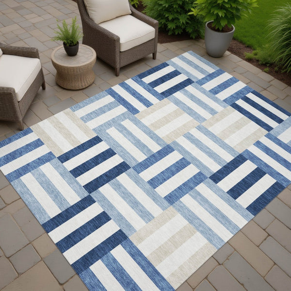 HomeRoots 9' Navy Blue, Ivory & Khaki Geometric Area Rug – Durable, Washable Indoor/Outdoor Decor for Any Space 659776