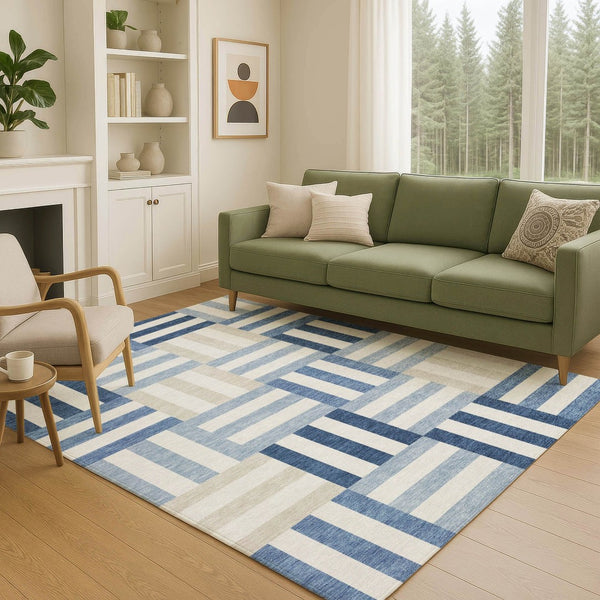 HomeRoots 9' Navy Blue, Ivory & Khaki Geometric Area Rug – Durable, Washable Indoor/Outdoor Decor for Any Space 659776