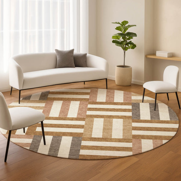 HomeRoots 8' Chili Red Geometric Round Rug - Washable Indoor/Outdoor Design for High-Traffic Areas & Style 659780