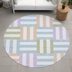 HomeRoots 8' Pearl Blue and Lavender Round Geometric Area Rug - Washable, Stylish, Indoor/Outdoor Versatile Design 659786