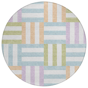 HomeRoots 8' Pearl Blue and Lavender Round Geometric Area Rug - Washable, Stylish, Indoor/Outdoor Versatile Design 659786