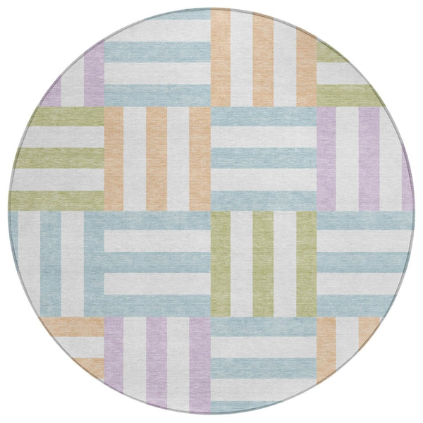 HomeRoots 8' Pearl Blue and Lavender Round Geometric Area Rug - Washable, Stylish, Indoor/Outdoor Versatile Design 659786