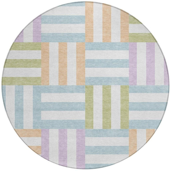 HomeRoots 8' Pearl Blue and Lavender Round Geometric Area Rug - Washable, Stylish, Indoor/Outdoor Versatile Design 659786