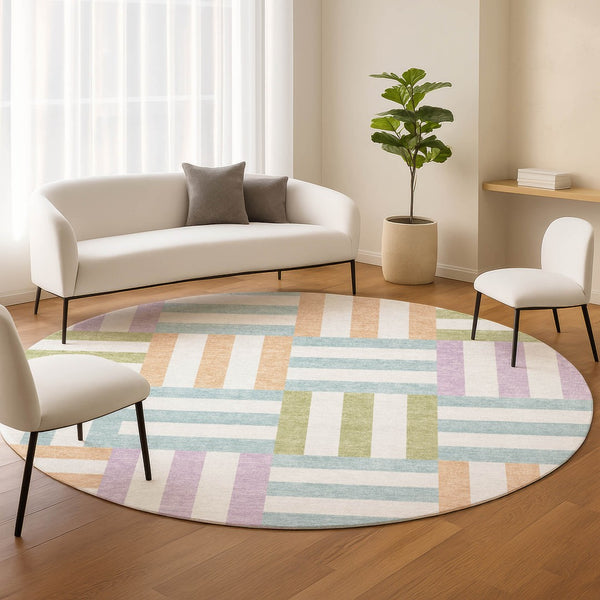 HomeRoots 8' Pearl Blue and Lavender Round Geometric Area Rug - Washable, Stylish, Indoor/Outdoor Versatile Design 659786