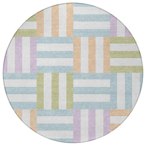 HomeRoots 8' Pearl Blue and Lavender Round Geometric Area Rug - Washable, Stylish, Indoor/Outdoor Versatile Design 659786
