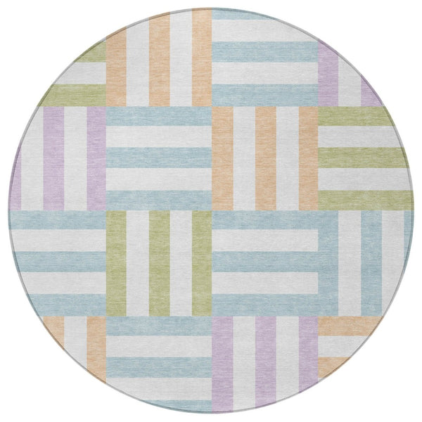 HomeRoots 8' Pearl Blue and Lavender Round Geometric Area Rug - Washable, Stylish, Indoor/Outdoor Versatile Design 659786
