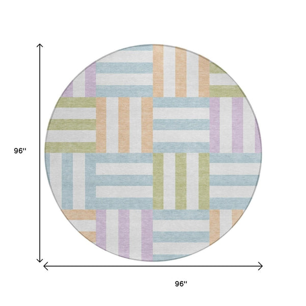 HomeRoots 8' Pearl Blue and Lavender Round Geometric Area Rug - Washable, Stylish, Indoor/Outdoor Versatile Design 659786