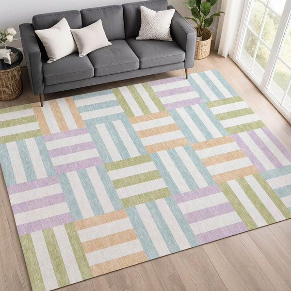 HomeRoots 9' X 12' Pearl Blue & Lavender Geometric Indoor/Outdoor Rug - Stylish, Washable & Durable Design 659788