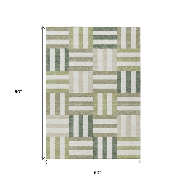 HomeRoots 5' Sage Ivory and Taupe Geometric Washable Area Rug – Stylish, Durable, Indoor/Outdoor Versatile Covering 659791